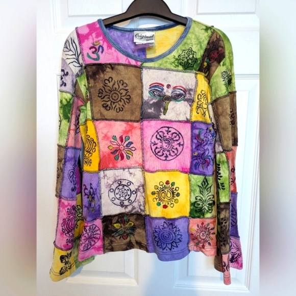 Women's (Size Small) Colorful Boho Hippie Patchwork Long-sleeve Top - Picture 2 of 11